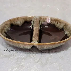 Vintage Canonsburg Ironstone Divided Serving Dish Brown Drip Glaze Made in USA Vintage Pottery