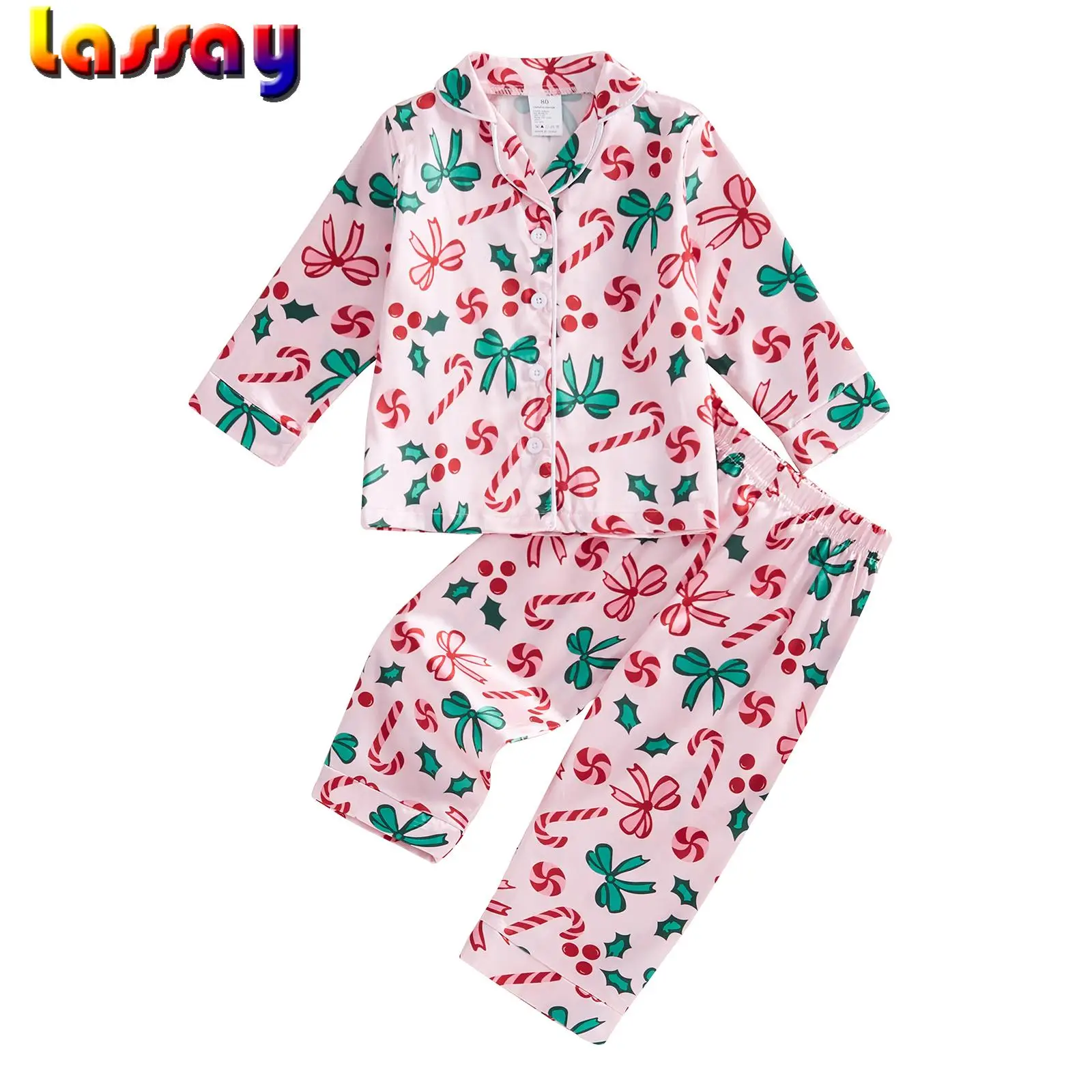 Girl Christmas Pajama Sets Bow/Candy Cane Print Lapel Neck Button-up Tops Long Pant Loungewear