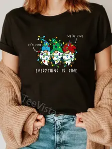 100% Cotton Unisex It's Fine Everything Is Fine Xmas Lights Gnome Christmas T-Shirt Printed Casual Round Neck T shirt