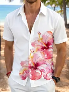 Tropical Vacation Style Relaxed Fit Hawaiian Shirt | Watercolor Hibiscus Flower Print on White Base | Lightweight Breathable Fabric | Versatile One Outfit Multiple Looks for Beach Days, Resort Wear & Summer Vacation