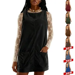 Women's Corduroy Overall Dress Round Neck A Line Skirtall Jumper Mini Dress Pinafore with Pockets Holiday Party Dress(Sheet)