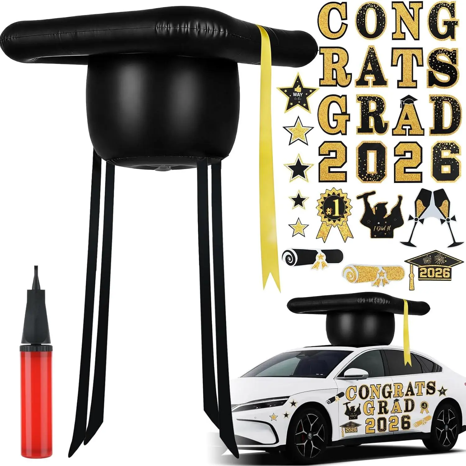 Graduation Car Decoration 27pcs Class of 2026 Grad Decor Car Magnetic 20'' PVC Inflatable Graduation Cap Car Decoration for Car Roof High School Senior College Prom Party Decor(Black, Gold)