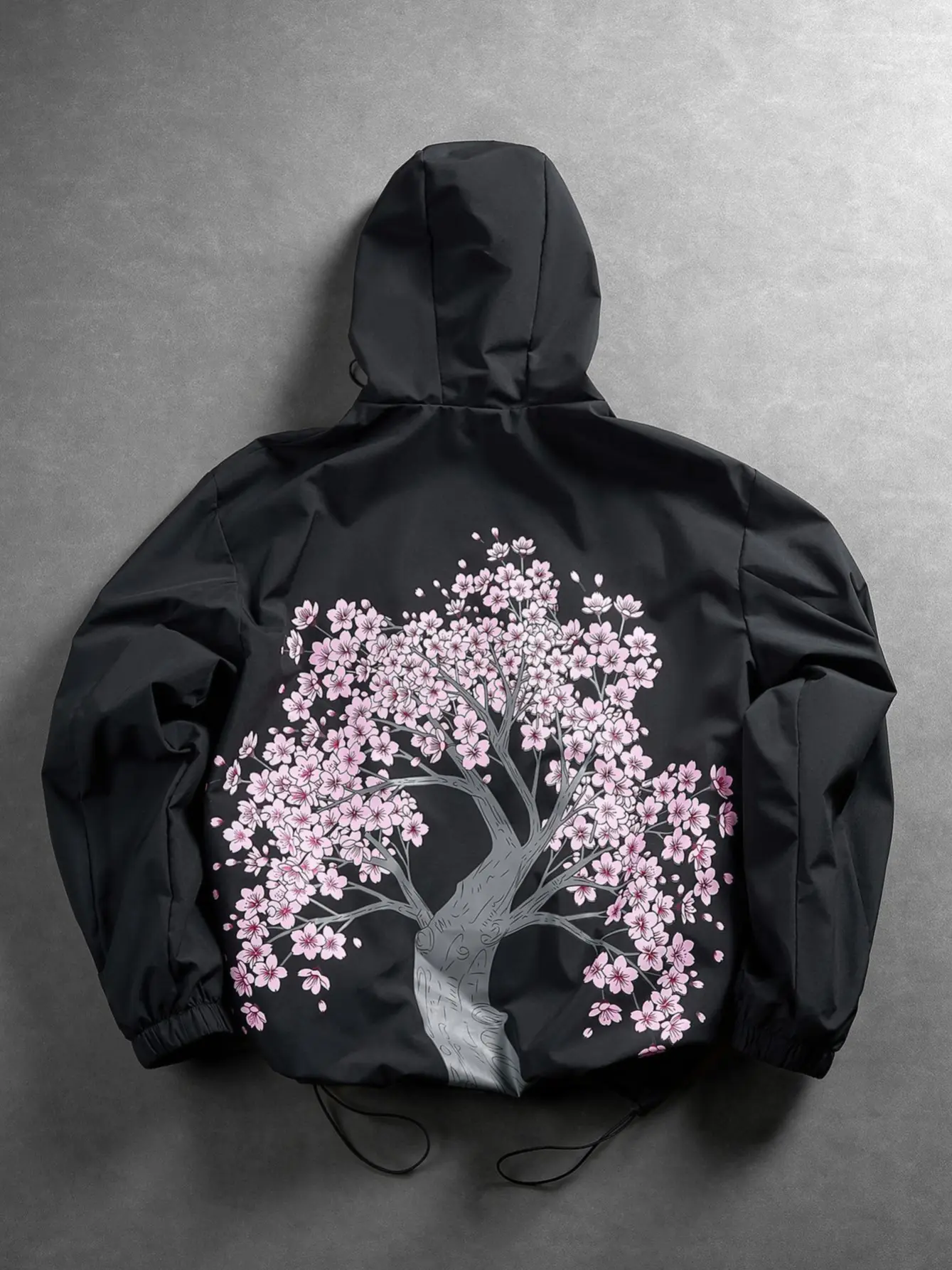 Men's Polyester Floral Cherry Tree Print Long Sleeve Hooded Jacket - Menswear, Chest Logo, Zipper Chest Pocket, Adjustable Hem, Drawstring Hood, Medium Length, Cold Machine Wash, Ideal for Street Photography & Daily Travel