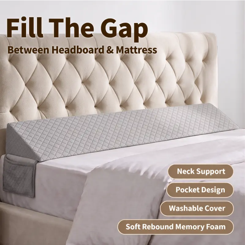 Jeffans Queen Bed Wedge Pillow for Headboard - High-Density Foam, Sleep Support for Gaps Between Mattress Headboard (Fits 0-5.5"), Wedge Shape with Phone Pockets for Remotes, White Washable Cover