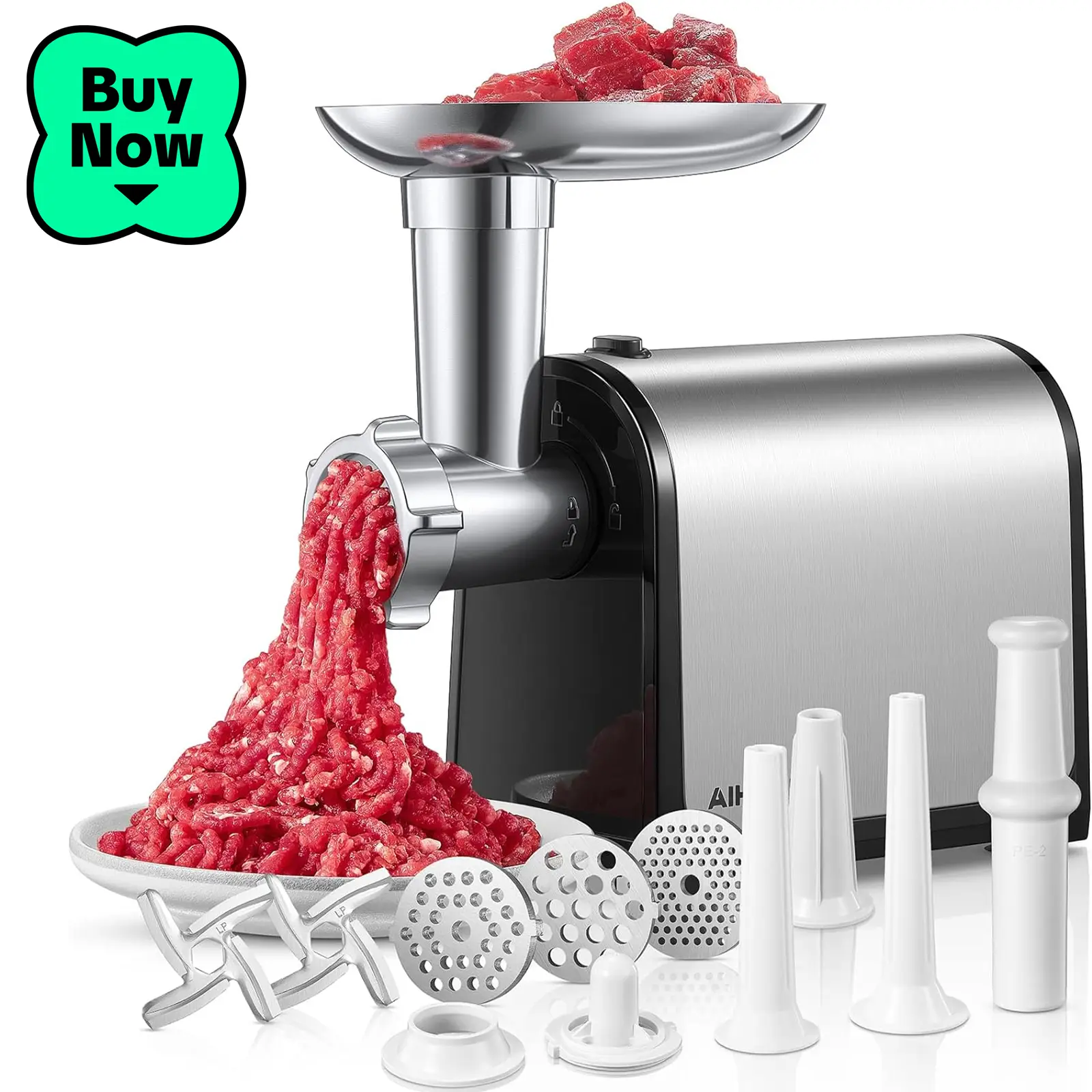 Electric Meat Grinder, Sausage Stuffer with 3 Sausage Tubes, 2 Blades 3 Plates 2000W Max, Meat Grinder Heavy Duty for Home Kitchen Use Grinding Cookin