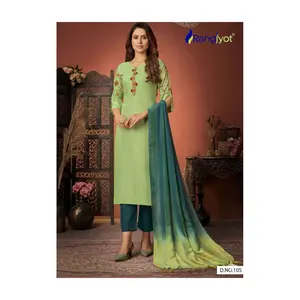 Elegant Light Green Embroidered Kurti Set with Teal Pants & Ombre Dupatta RNG-105