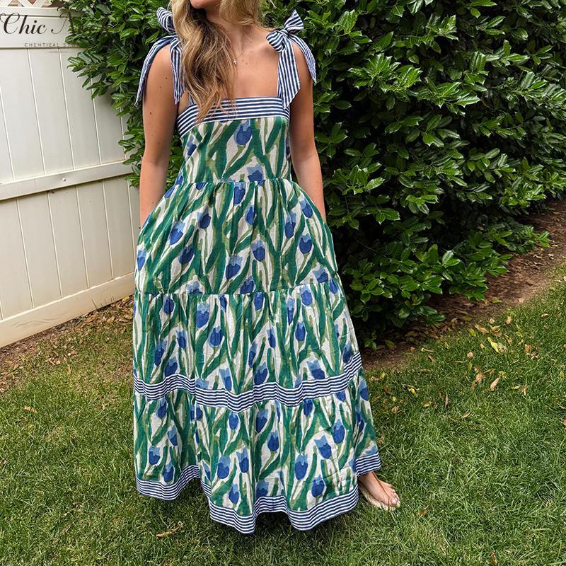 Women Summer Maxi Dress with Pockets 2025 Spaghetti Strap Sundress Casual Flowy Boho Dress Floral Tiered Beach Dress