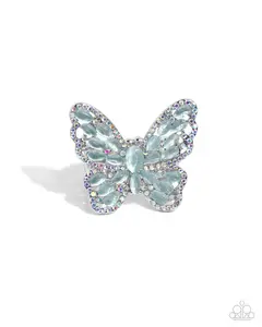 Were Soarin Flyin - Blue Cat's Eye Iridescent Rhinestone Silver Butterfly Ring - Paparazzi
