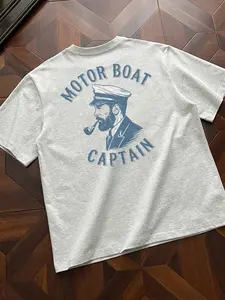 Menswear Short-Sleeve Round Neck Casual Cotton T-Shirt - Nautical Pirate Style, Motorboat Captain & Boat Printed Letters, Lightweight Breathable Fabric, Beach & Vacation Wear, Shortsleeve