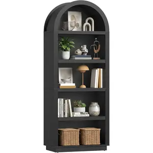 76" Tall Arched Bookshelf, 5 Tier Arched Bookcase with Adjustable Book Shelves, Large Arch Wood Bookshelf, Modern Farmhouse Open Display Tall Bookcase for Bedroom, Home Office, Bedroom, Black
