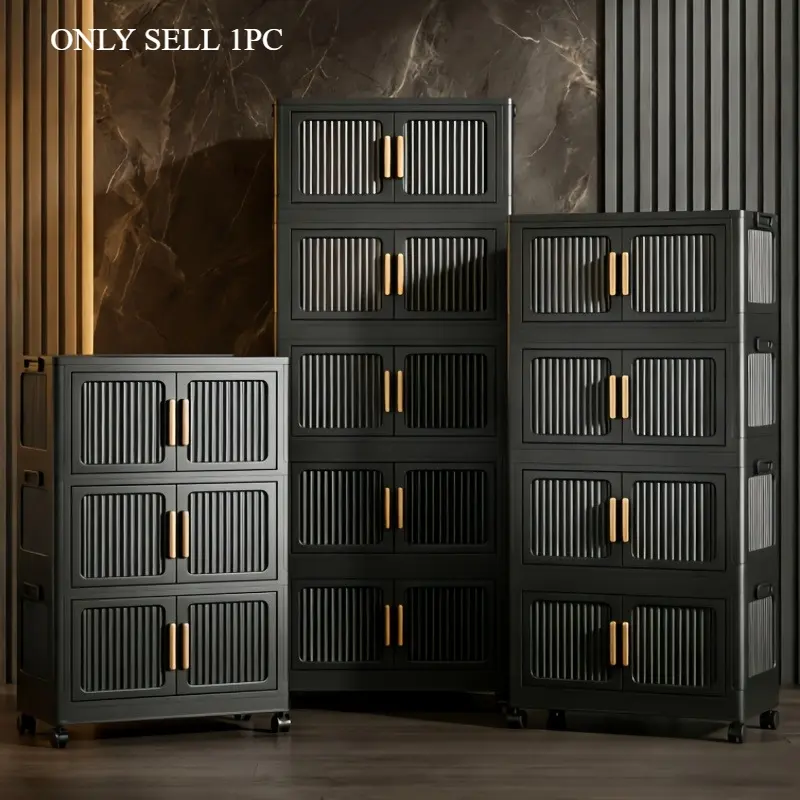 Multi-functional, large-capacity, foldable Home Storage Cabinet, tool-free installation, with magnetic door and wheeled storage box, moisture-proof and dust-proof, 3/4/5-tier stackable storage cabinet, Cabinet with Doors, Cabinet on Wheels