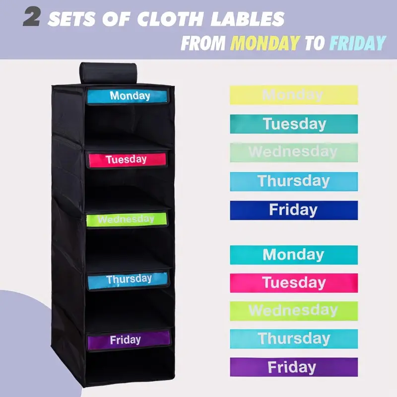 Kids' Clothing Organizer, Clothes Storage Organizer, Multi-Layer Closet Storage Bag, Foldable 6/5 Layers Wall-Mounted Rack, Weekly Day Markers Monday-Saturday, Bedroom Storage Organizer