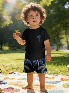 Cool Coconut Tree Print Baby T-Shirt Set, Casual Short Sleeve Toddler Clothing, Perfect Gift for Infants, 100% Polyester