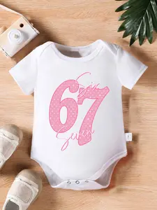 Baby Girls' "67 Six Seven" Pink Starry Graphic Bodysuit, Newborn Short Sleeve Onesie, Cute Number Themed Casual Outfit