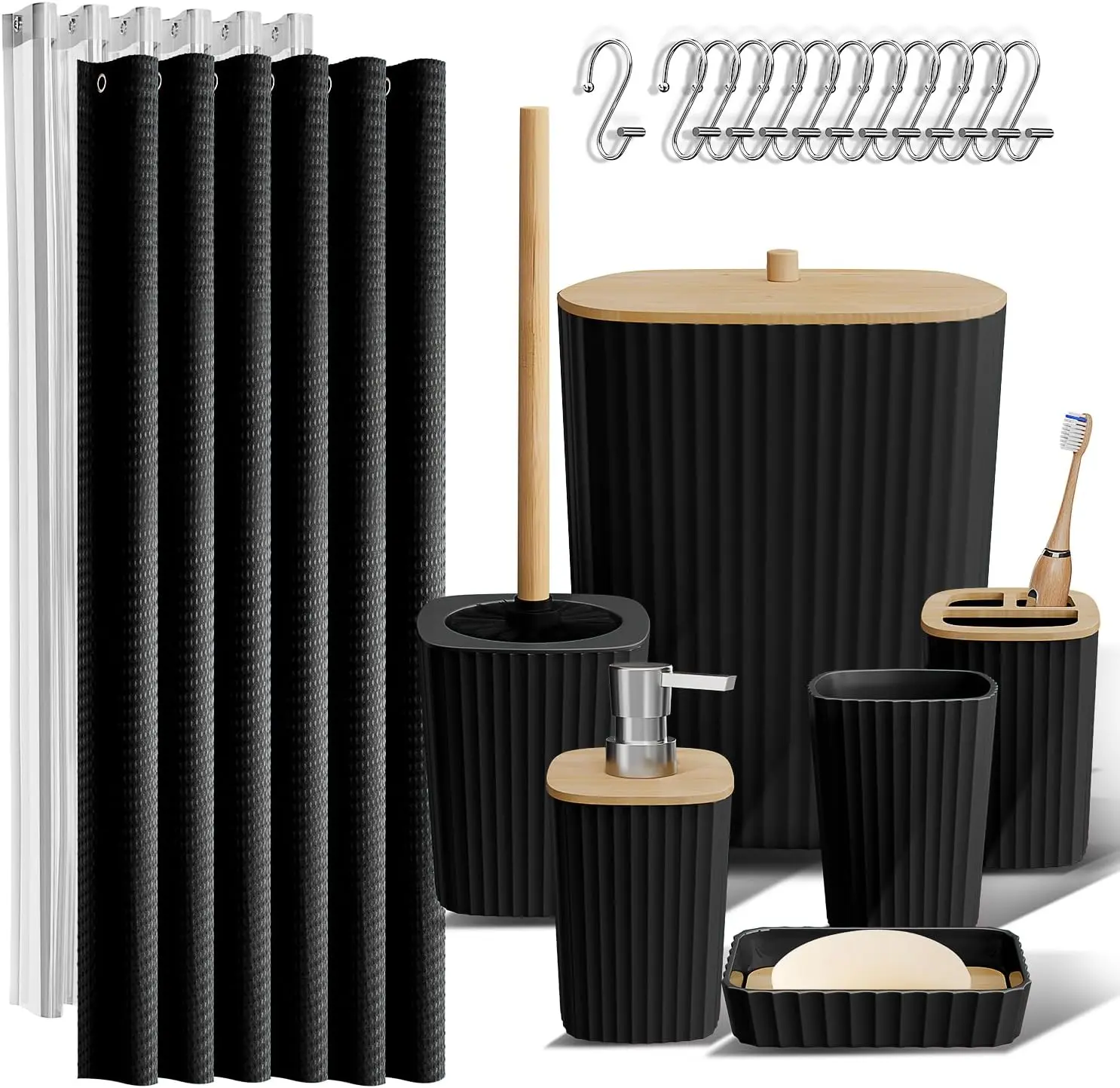 Black Bathroom Set, Shower Curtain Set, Bathroom Accessory Set | 20 Piece Bathroom Accessories Set with Toothbrush Holder, Soap Dispenser, Soap Dish, Toilet Brush, and Bathroom Trash Can
