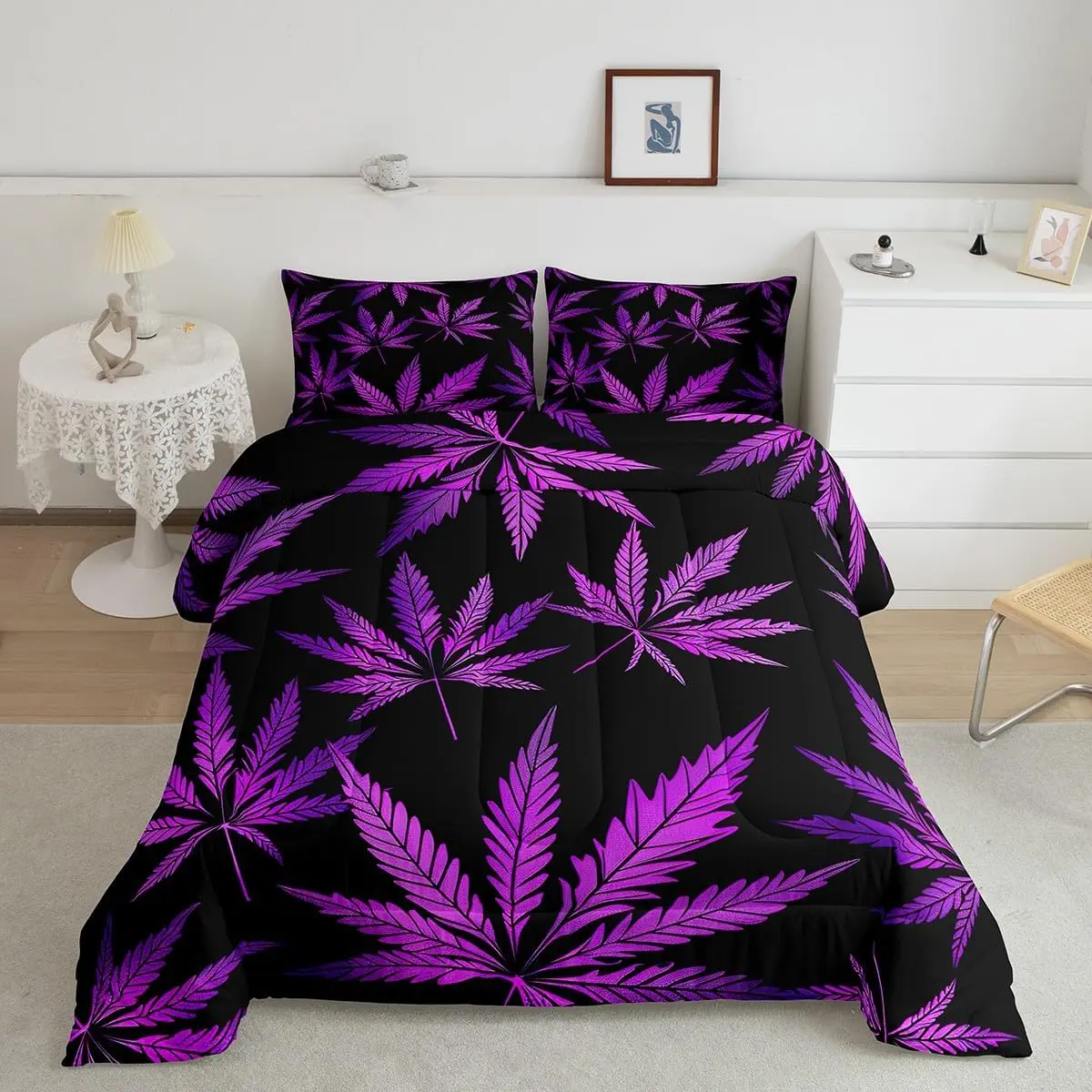 Marijuana Leaf Comforter Set Weed Leaf Botanical Bedding Set Men Women Adults Cannabis Leaves Comforter Luxury Puple Hemp Black Purple Quilt Set Room Decor