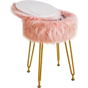 Round Faux  Vanity Stool with Storage, Furry Makeup Chair Ottoman, Soft Padded Seat, Round Footrest Footstools with 4 Metal , for Living Room Bedroom Entryway,  WBD021P