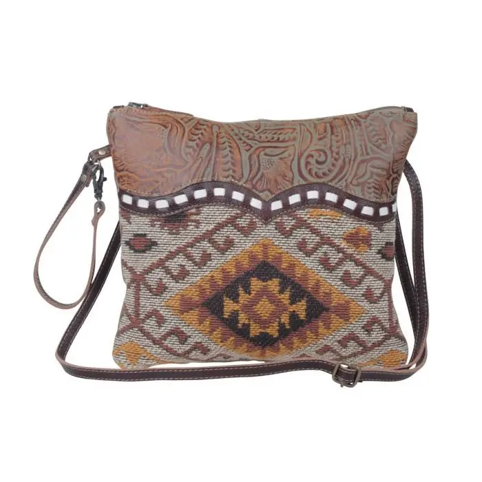 Myra Upcycled Small Crossbody Wristlet Purse Repurposed Canvas Bag that includes Embossed Turquoise Leather Details