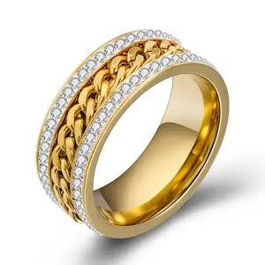 Double-row diamond titanium steel ring, stainless steel ring, fashionable diamond-embedded rotating chain, versatile ring, couple's gift