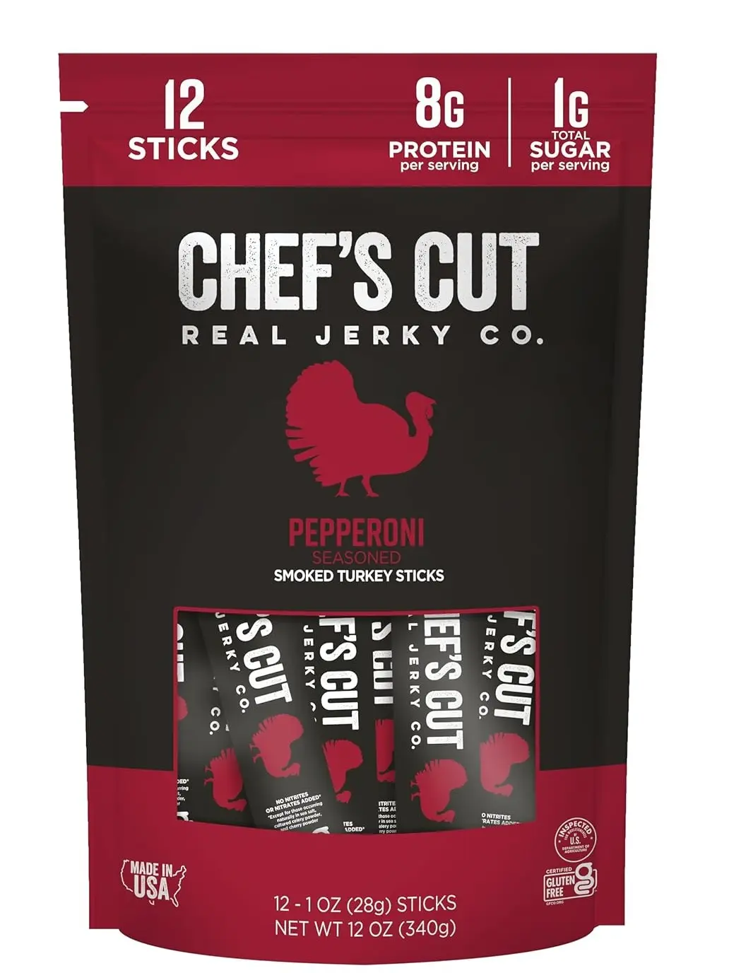 Chef's Cut Smoked Turkey Jerky Pepperoni Sticks 12 Pack, 1 oz Each, High Protein Snack, Gluten Free, Keto Friendly, 8g Protein, 100 Calories