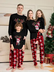 Christmas Family Matching Set, Plaid Long Sleeve Top & Snowflake Striped Pants, Casual Fitted Sleepwear for All Seasons