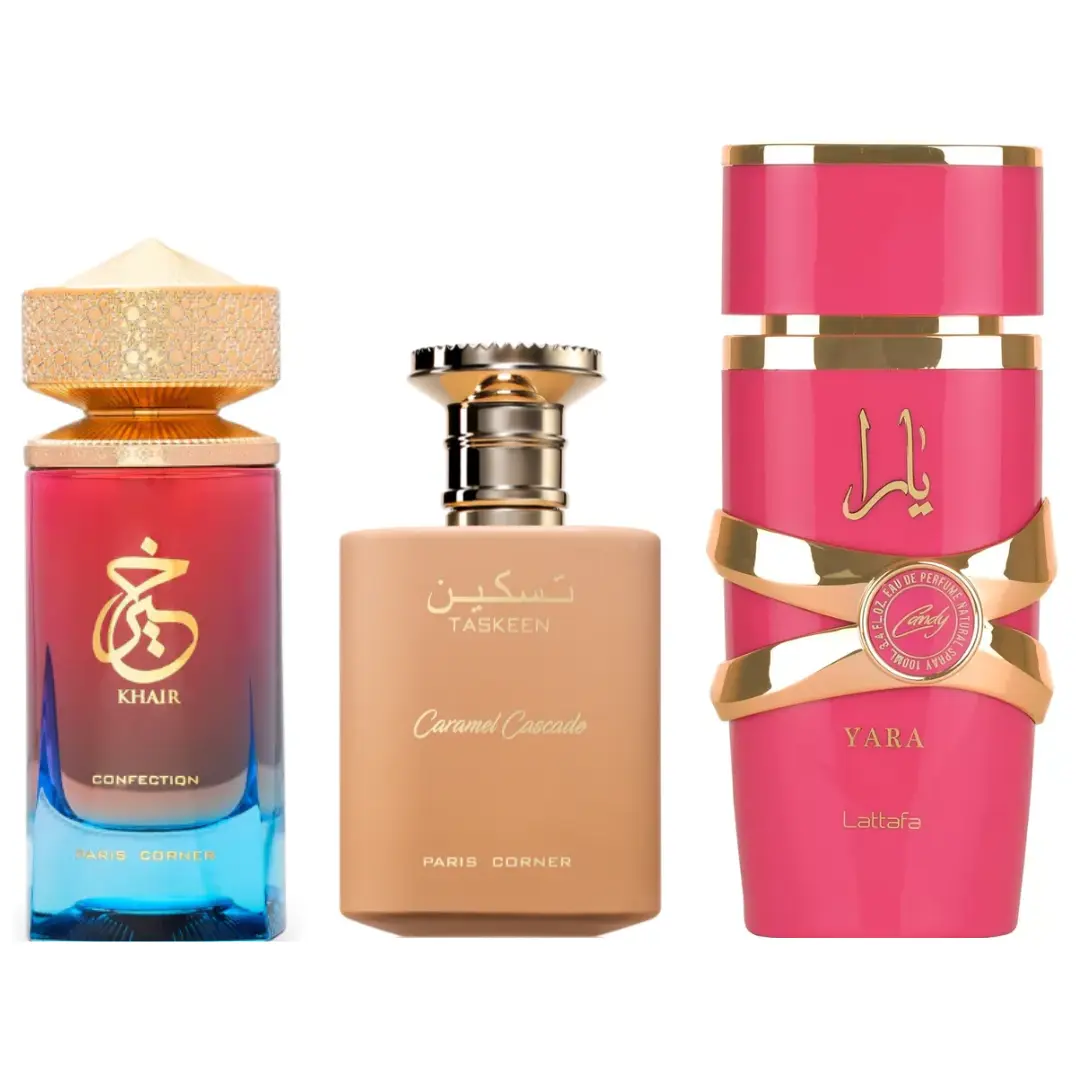 Lattafa Women's Fragrance Multi-Pack Gift Bundle - 3x100ml (3.4oz) EDP with Taskeen Caramel, Khair Confection, Yara Candy (Blueberry-Infused), Pre-Filled Fragrance Sets