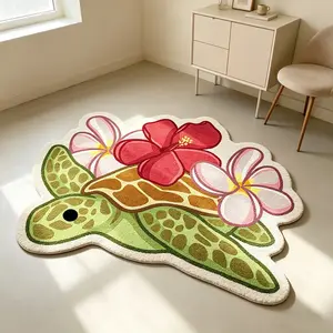 Tropical Fusang Flower Sea Turtle Carpet Floral Area Rug Thickened Anti slip Plush Material Study Trendy Decorative Mat Bedroom Atmosphere Foot Mat Small and Fresh Style Home Alien Floor Mat