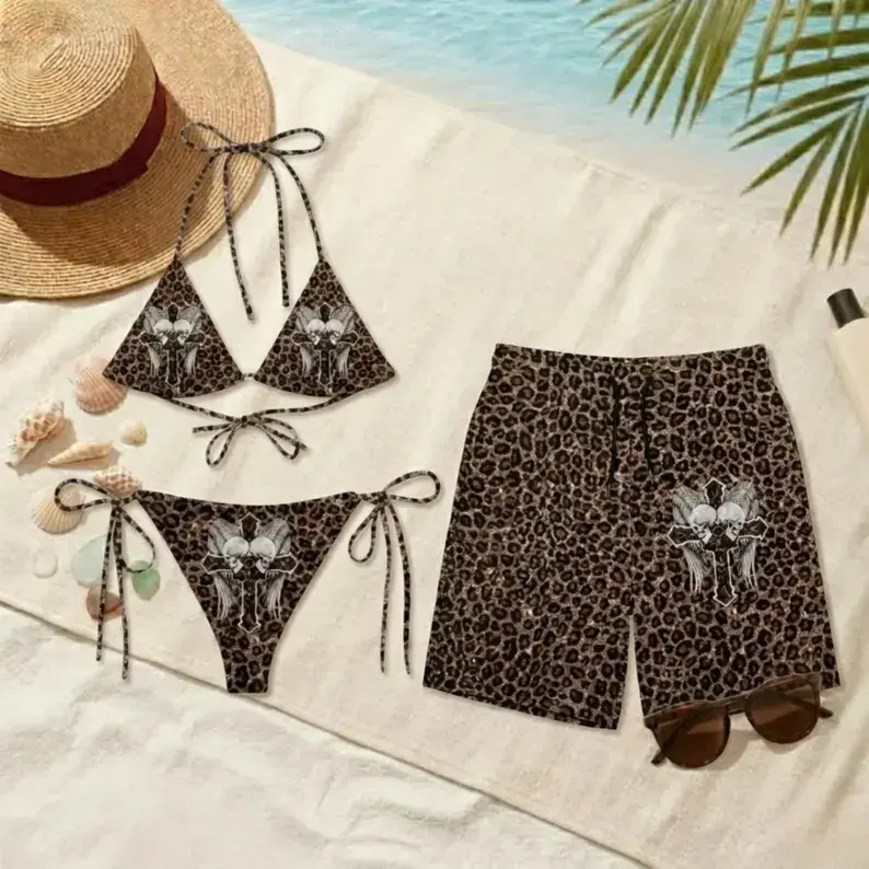 Leopard Print Skull Cross Angel Wings Bikini Set Matching Hawaiian Shorts Couple Swimwear Gothic Beach Festival Summer Vacation