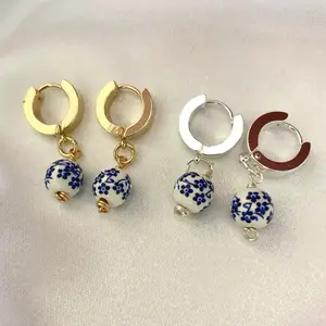 Golden/Silver Vintage Style Navy Blue Flower Huggie Earrings