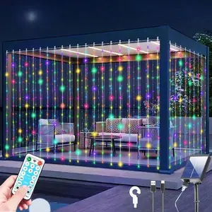 Upgraded Solar Curtain Lights 300 LED Outdoor Waterfall String Lights Waterproof 8 Modes Remote Type C Charging Hanging Twinkle Fairy Lights Dimmable for Christmas Gazebo Party Wedding Window