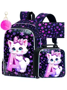 16" Cat Backpack for School, 3Pcs Girls Kids Bookbag with Lunch Box, Elementary School Bag for Kindergarten Preschool Toddler (Black)