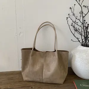 Minimalist Suede Tote Bag Set, Extra-Large Soft Shoulder Tote + Matching Leather Clutch for Work, Travel & Everyday Use