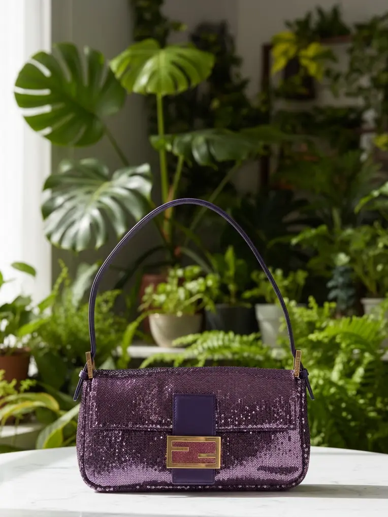 Pre-owned FENDI Sequin and satin Shoulder bags Vintage Purple Sequin Baguette