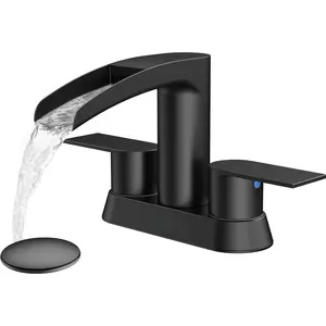 Bathroom Sink Faucet for 3 Hole,  4 Inch Bathroom Faucets with Pop-up Drain, Stainless Steel 2-Handle Waterfall Faucet for Bathroom Sink, Matte Black