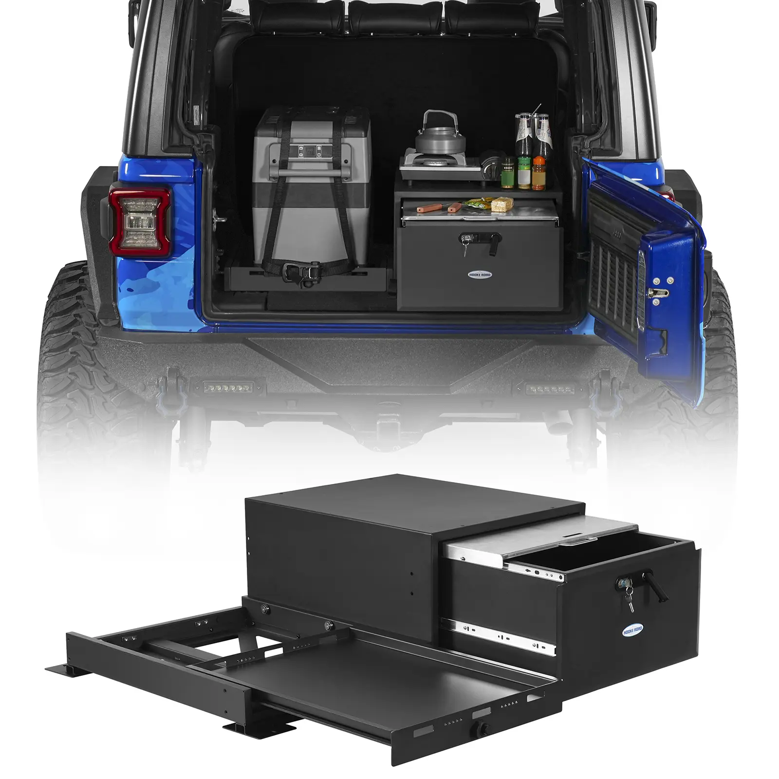 Hooke Road Cargo Drawer & Fridge Slide Mount System for 2015-2026 Jeep Wrangler JK JL 4-Door & 2021-2026 Ford Bronco 4-Door  vehicle organizer
