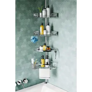 Corner Shower Caddy Tension Pole: Quick Installation 4-Tier Rustproof Bathroom Organizer Shelves for Bathtub Shampoo Storage - 47-121 inch Adjustable Floor Standing Bath Rack Holder - Silver
