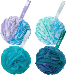 Loofah Sponge 75g/Piece, Exfoliating Bath Sponge Body Scrubber - Loofa Set of 4 Flower Color (Large, Green-Purple)