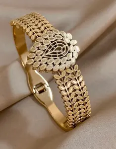 1pc Chunky Leaf Teardrop Bracelet For Women Golden Hollow Bangle Bracelet Thick Stainless Steel Bracelet For Daily Party Jewelry Birthday Christmas Gifts