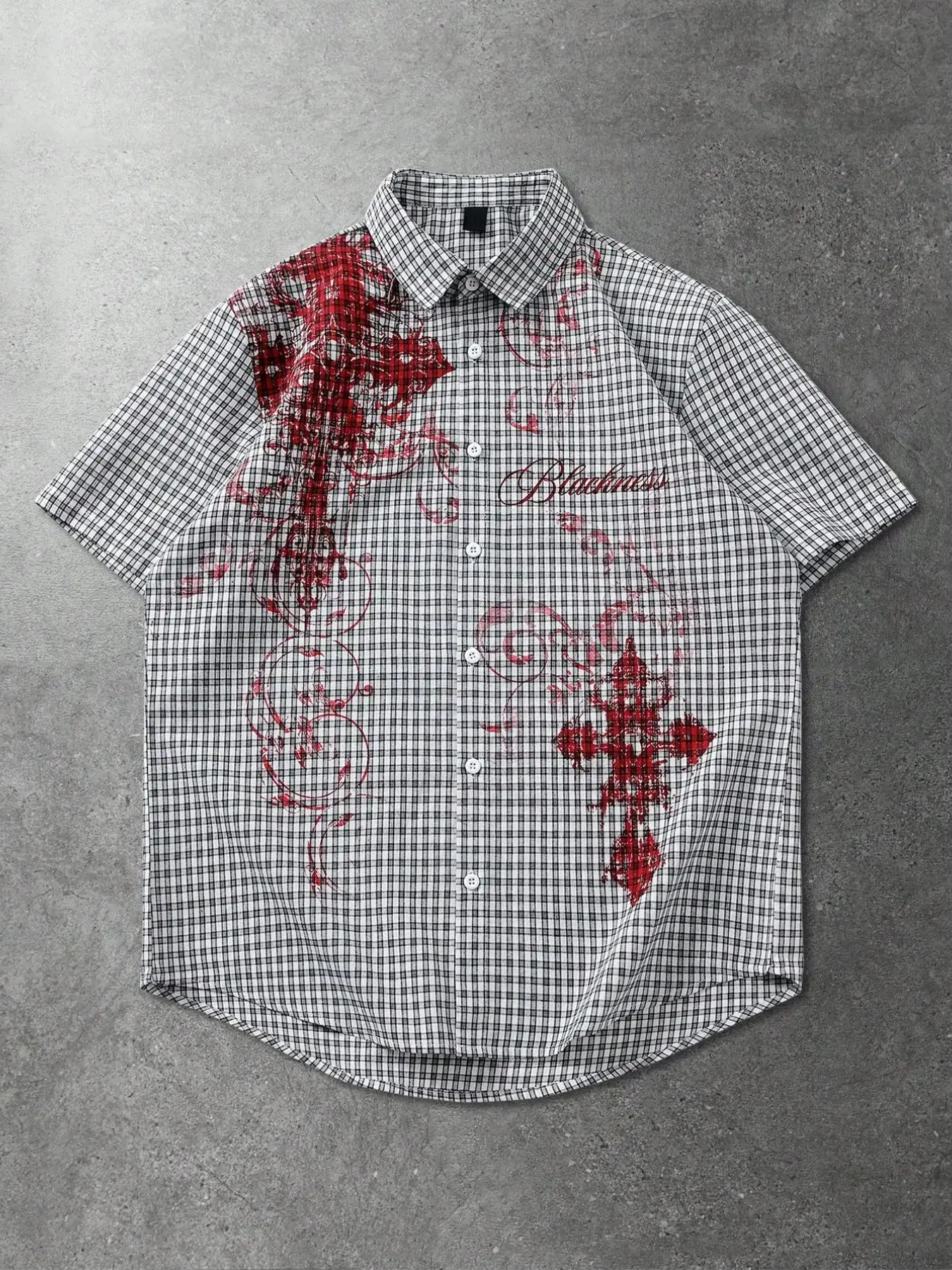 Streetwear Cool Plaid Checked Shirt, Dark Cross Print Loose Short Sleeve Blouse, Casual Asymmetrical Design, Fitted H-Type Silhouette, Classic, Menswear, Casual Checkered Shirt