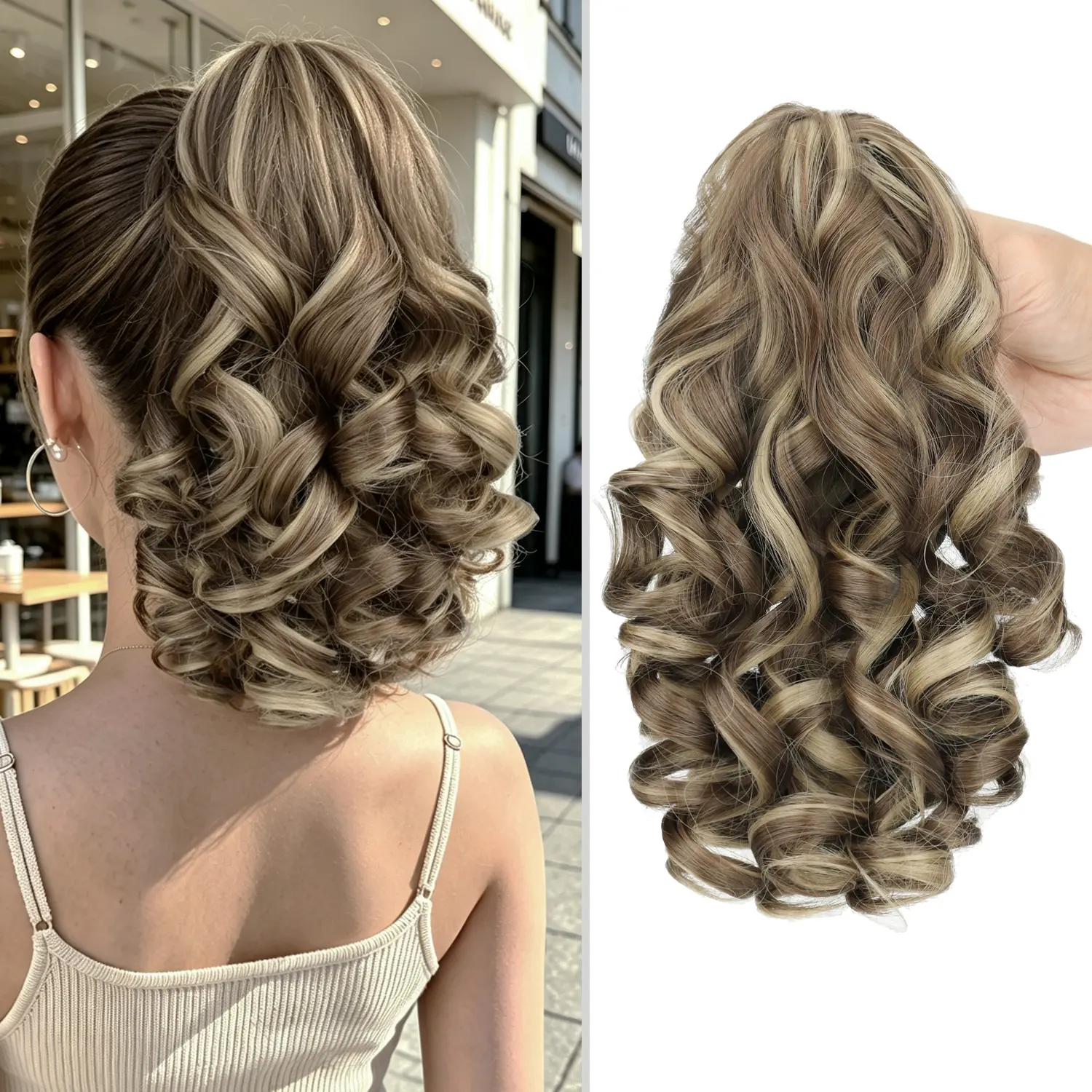 NICESY Women's 16 in Synthetic Claw Clip Ponytail Extension, Fluffy Wavy Curl Highlight Brown Clip-in Hairpiece for Daily, Party, Festival Use