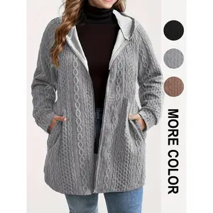 Plus-size women’s autumn–winter casual solid-color loose ribbed hooded mid-length jacket with pockets, comfortable knit GARMENTARY