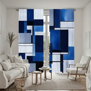 2Pcs Abstract Geometric Print Curtain Panels, Modern Blue White Black Blocks, Pole Pocket Style, Semi Sunshade Polyester Fiber Window Drapes, for Home Living Room Bedroom Balcony Kitchen Study & Shower Decoration, Accessory, Anti Privac