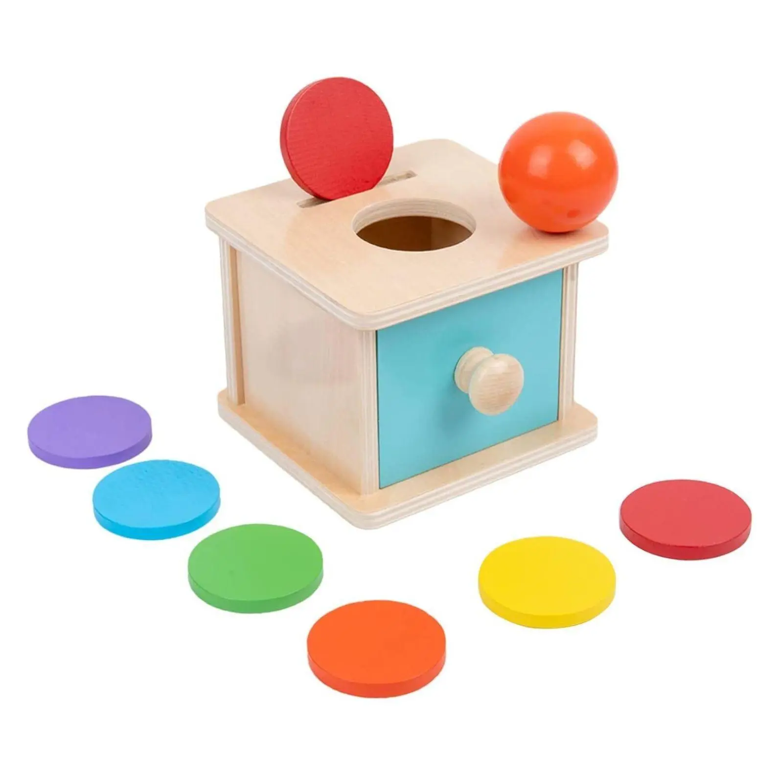 Montessori Coin Box for Toddlers, Wooden Drop Box Toy for Babies 12-18 Months, Object Permanence Box with Ball, Early Development Learning Toys - Blue 14.9 ounces