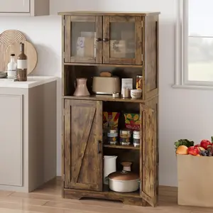 Modern Freestanding Rustic Brown Wooden Storage Cabinet with Doors, Shelves, Multi-Use for Bathroom Linen, Kitchen Pantry