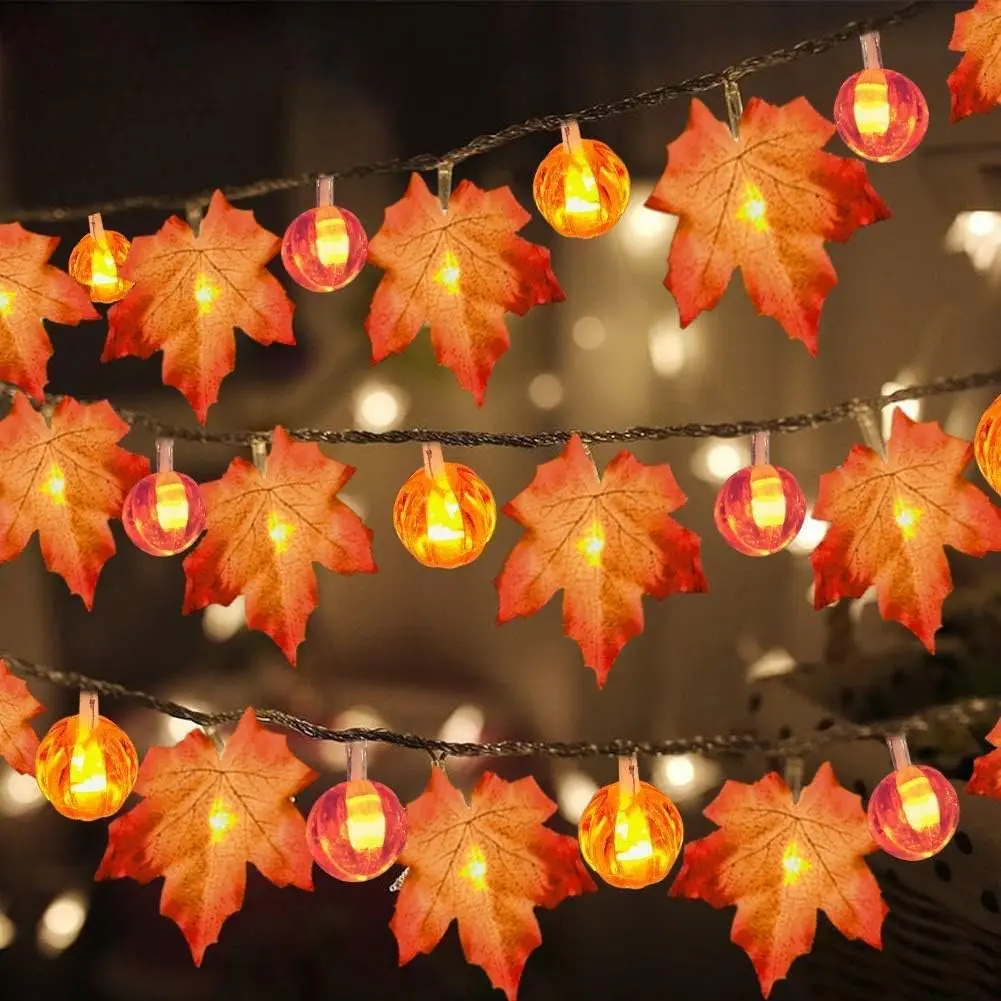 3 Pack Lighted Maple Leaf & Pumpkin Fall Garland, Total 30Ft 60LED (Each 10Ft 20LED), Battery Operated & Waterproof Fall String Lights, Cozy Autumn Decor for Indoor Outdoor Halloween Thanksgiving Harvest Party Home