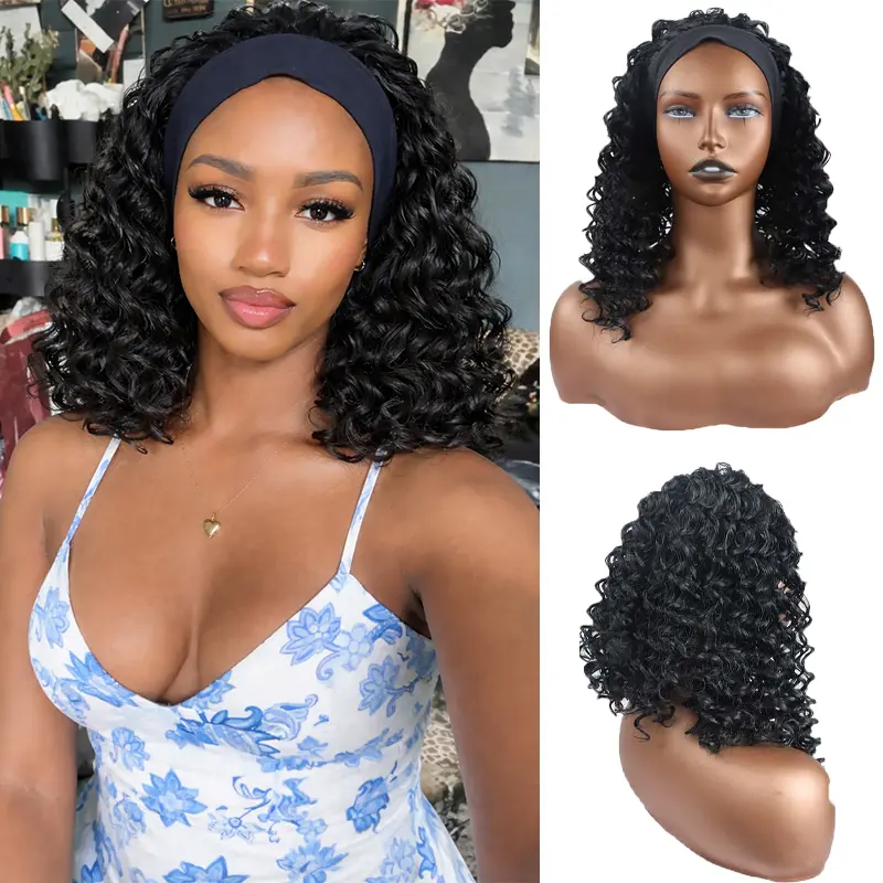 Curly   Hair  Headband Wig 12 Inch Deep Wave Wig Synthetic    Glueless No Lace Natural Looking Half Wig for Daily Party Heat-Resistant Fiber    for Black Women