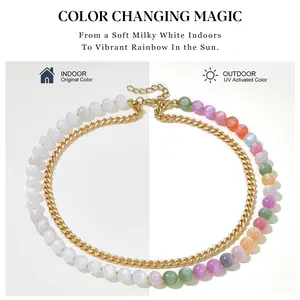 KissYan Layered Cuban Chain Bead Necklace Bracelet for Women, 14K Gold Plated Double Layer Choker with UV Reactive Color Changing White-to-Rainbow Dopamine Beads, Trendy Anklet Jewelry Gift for Her DealsForYouDays