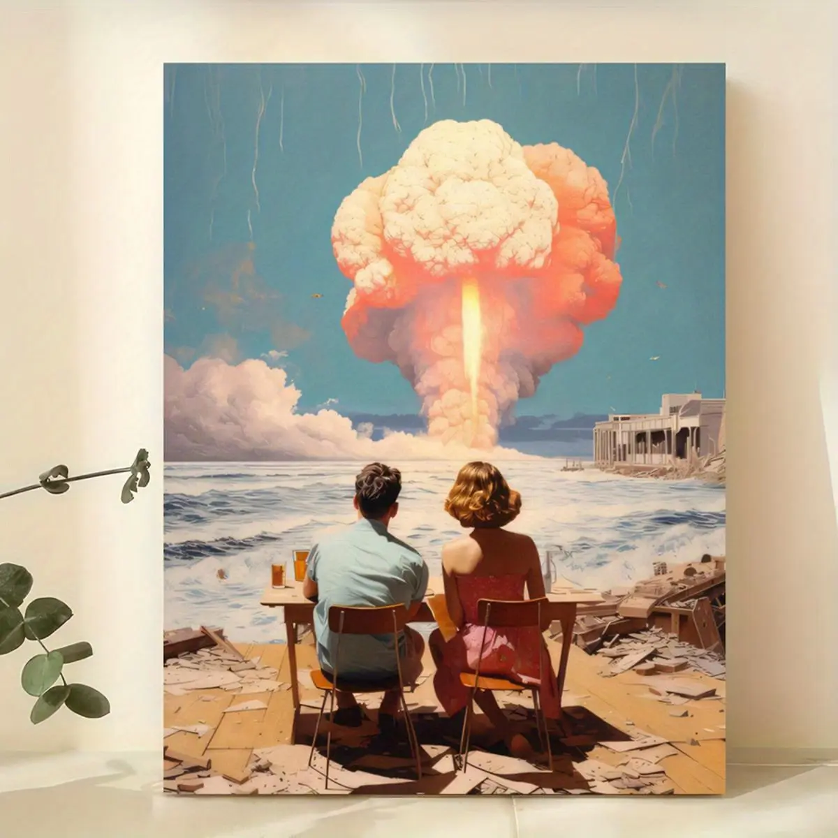 Canvas Print Art Deco Poster - Nuclear Explosion Landscape Ink Artwork - Modern Vintage Home Decor for Living Room, Office - Custom Anime Christmas Portrait Canvas Wall Art, Gifts for Interior Decoration