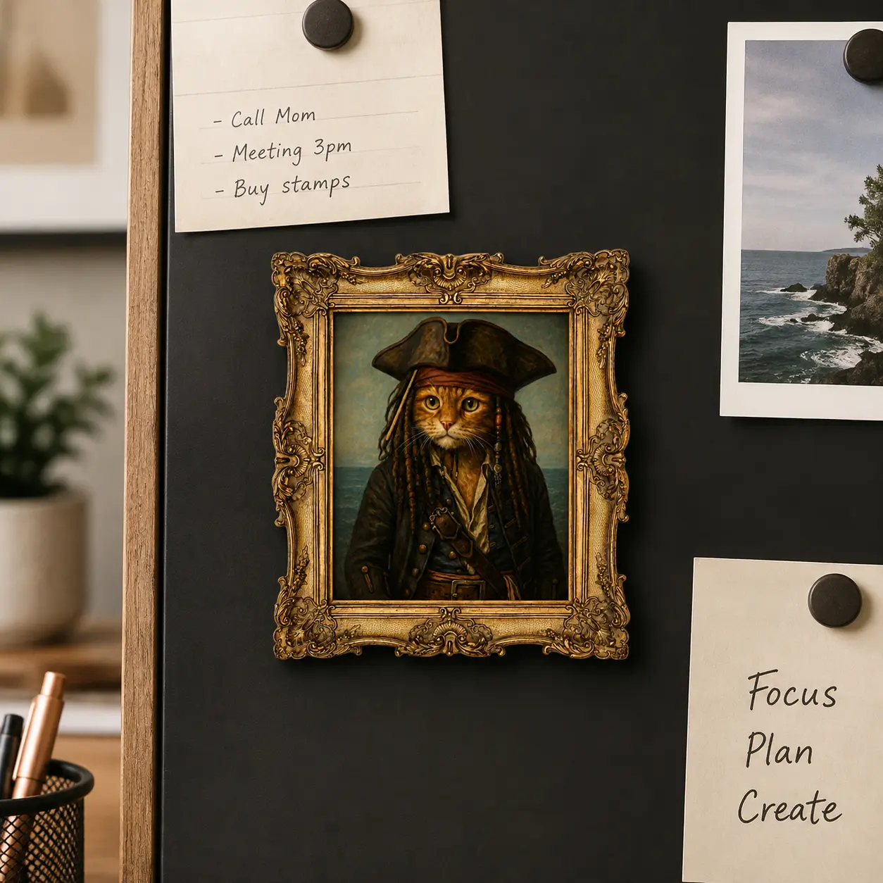 Swashbuckling Pirate Kitty Wooden Refrigerator Magnet, Antique Style Gold Framed Nautical Cat Portrait, Quirky Buccaneer Feline Kitchen Decor Accessory