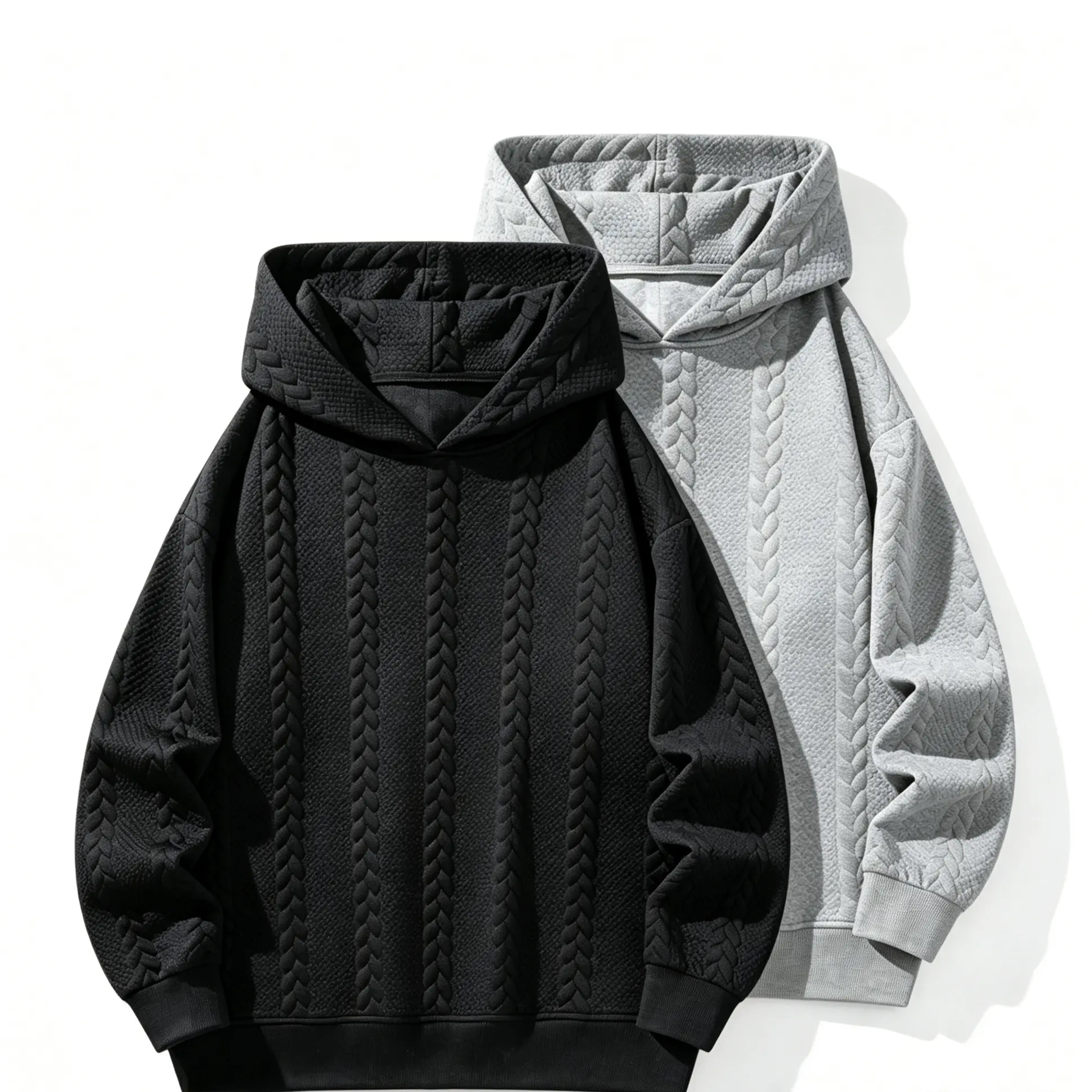 Men’s American minimalist textured press‑embossed hooded sweatshirt featuring a 3D wheat grain relief pattern with distinct layers; wrinkle‑resistant, wear‑resistant, long‑lasting shape; covers sizes S–2XL; solid color, clean and versatile—streetwear/comm